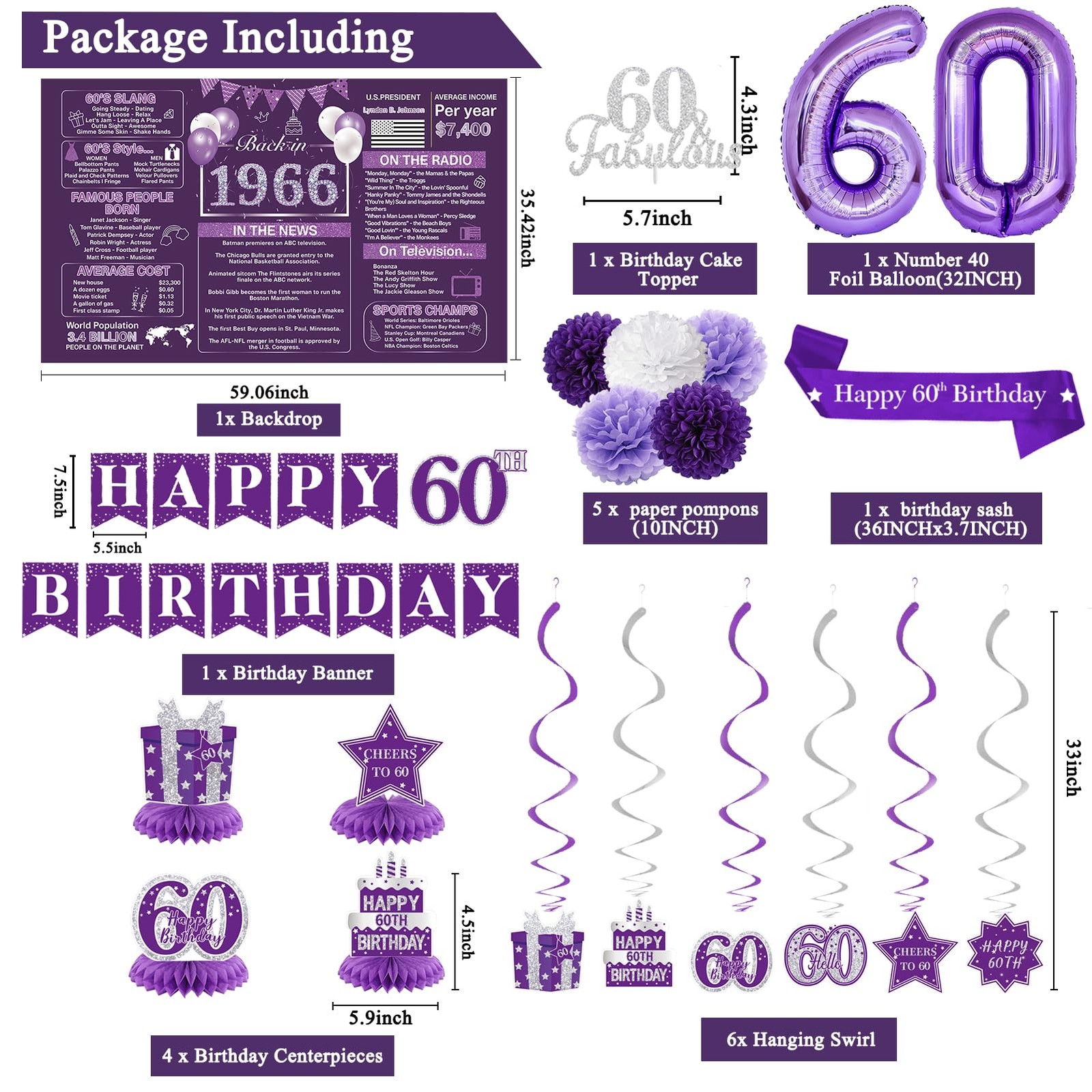 Purple 60Th Birthday Decorations for Women - Back in 1966 Backdrop, Banner, Swir gallery