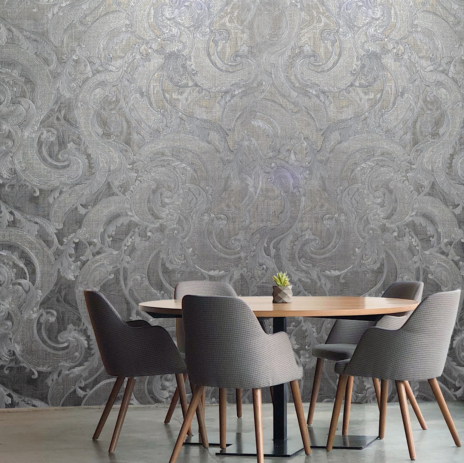 Victorian Wavy Damask gray silver gold metallic textured faux fabric Wallpaper gallery