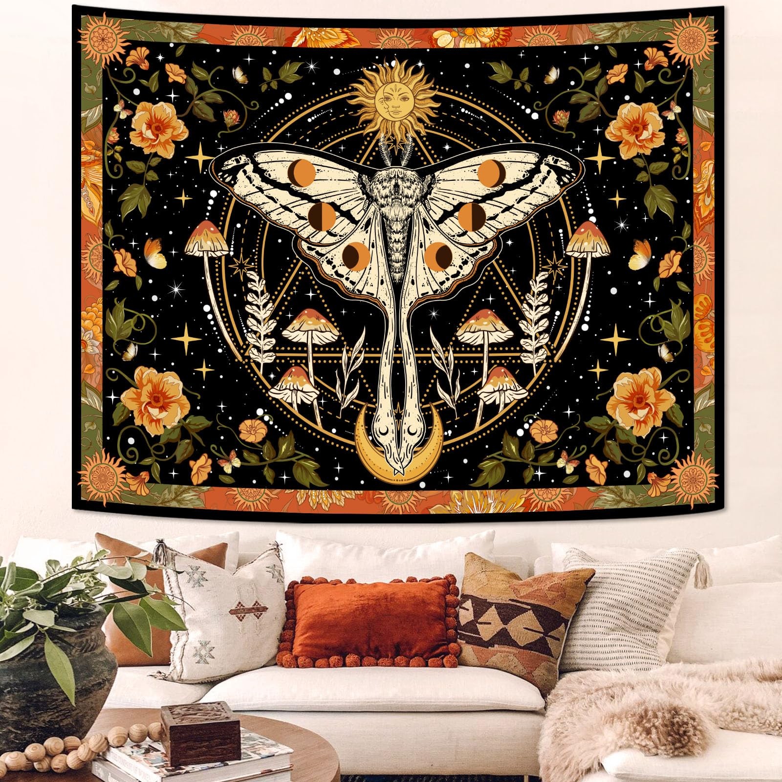 Aipon Orange Moth Tapestry Boho Retro Floral Flowers 40"L x 30"W, Orange1 gallery