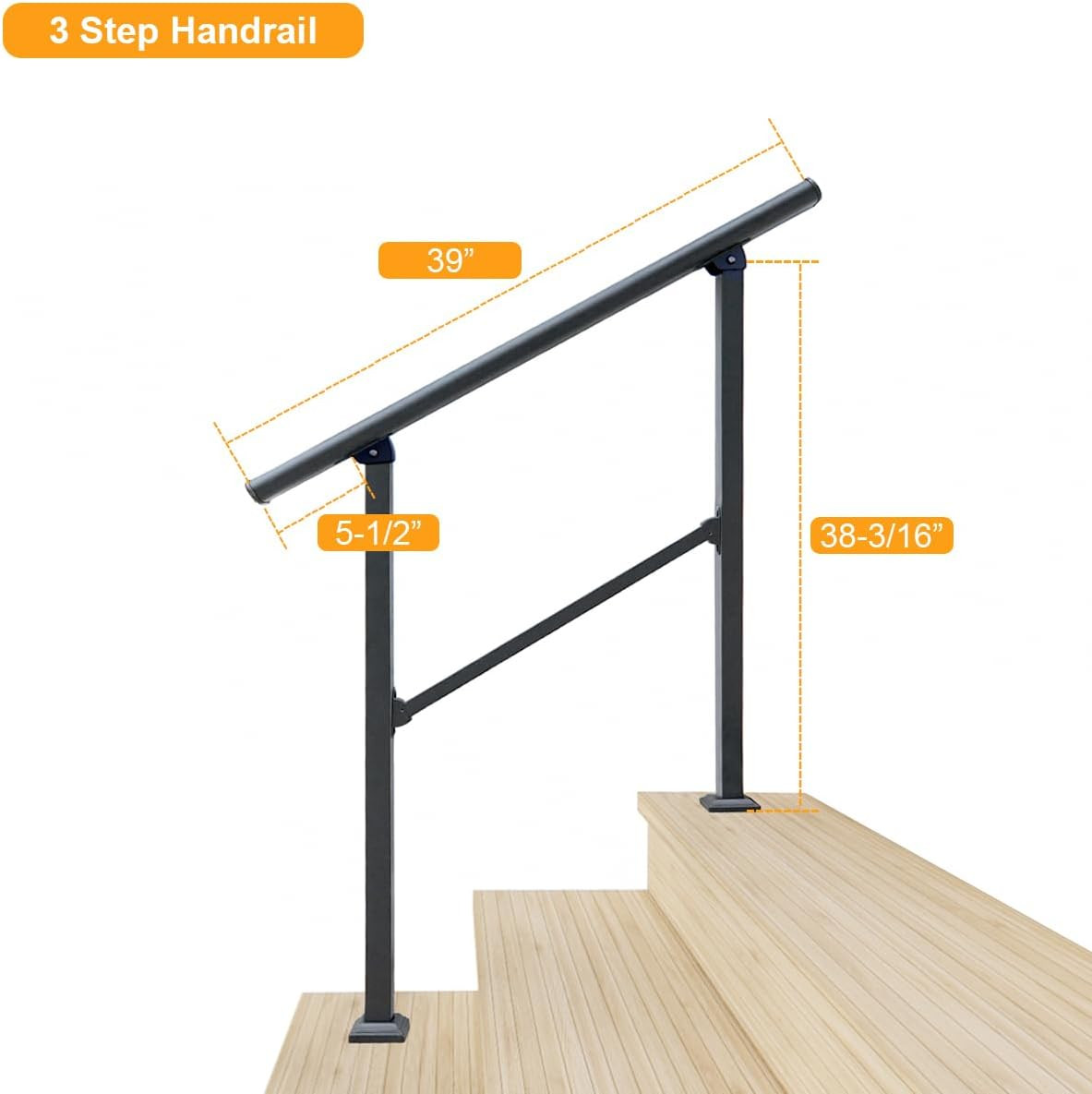 3 Step Handrail for Outdoor,Powder Coated Iron Stair Railing,Black Hand Rails fo gallery
