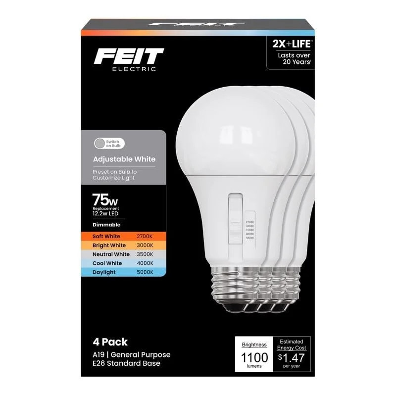 Feit A19 E26 (Medium) LED Bulb Adjustable White 75 Watt Equivalence 4 pk gallery