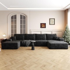 135″Boneless Couch Sectional Cloud Sofa Corduroy Left Facing Chaise with Ottoman