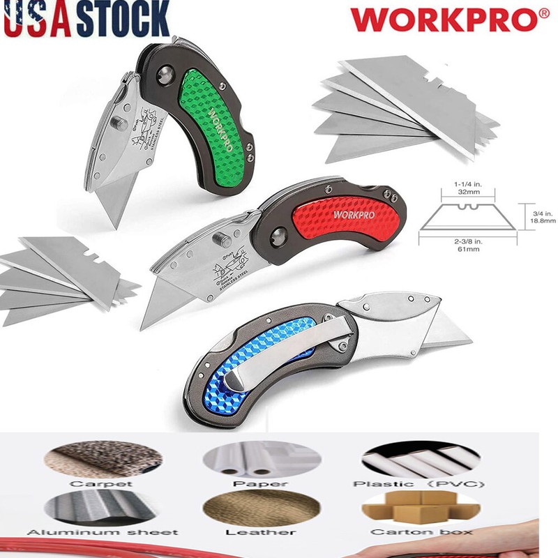 WORKPRO 3PC Folding Utility Knife Set Quick Change/Back-lock w/10PC Extra Blades gallery