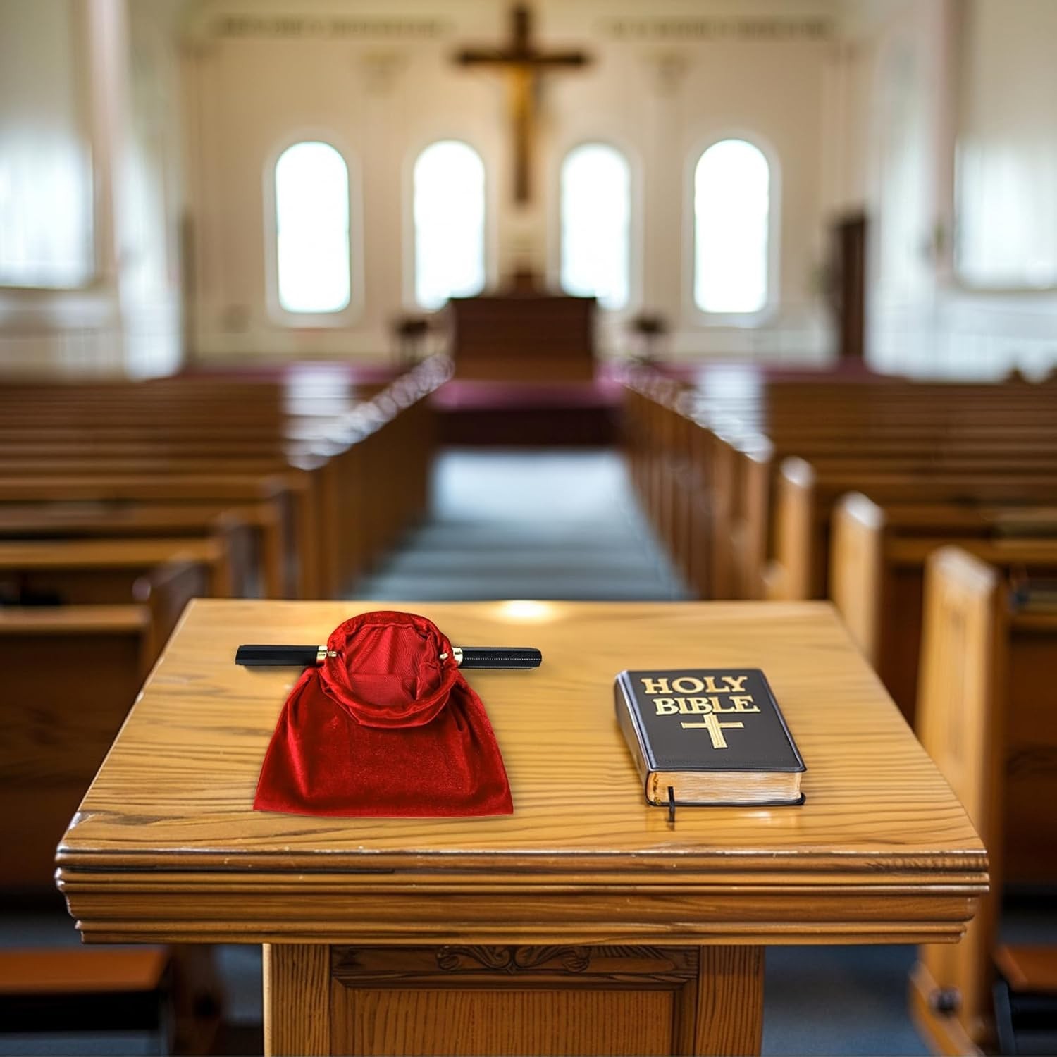 Church Tithe Offering Bags with Wooden Handles Offering Baskets Red gallery