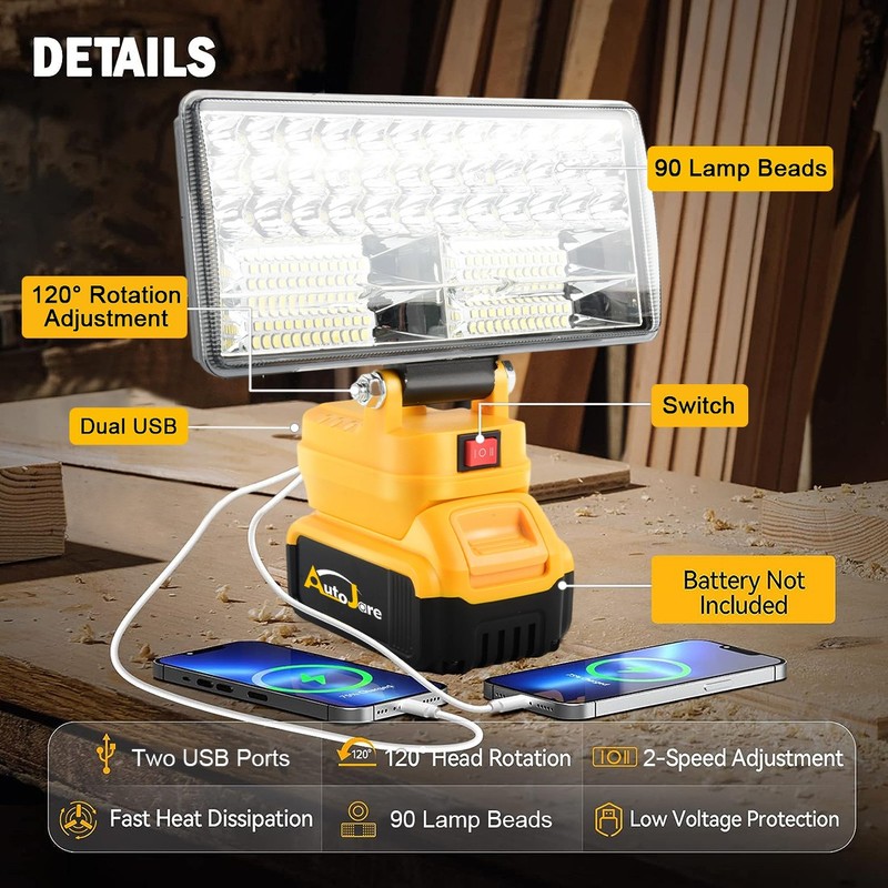 90W LED Work Light for DeWalt 20V battery 9000LM Flood Light with USB Port Lamp gallery