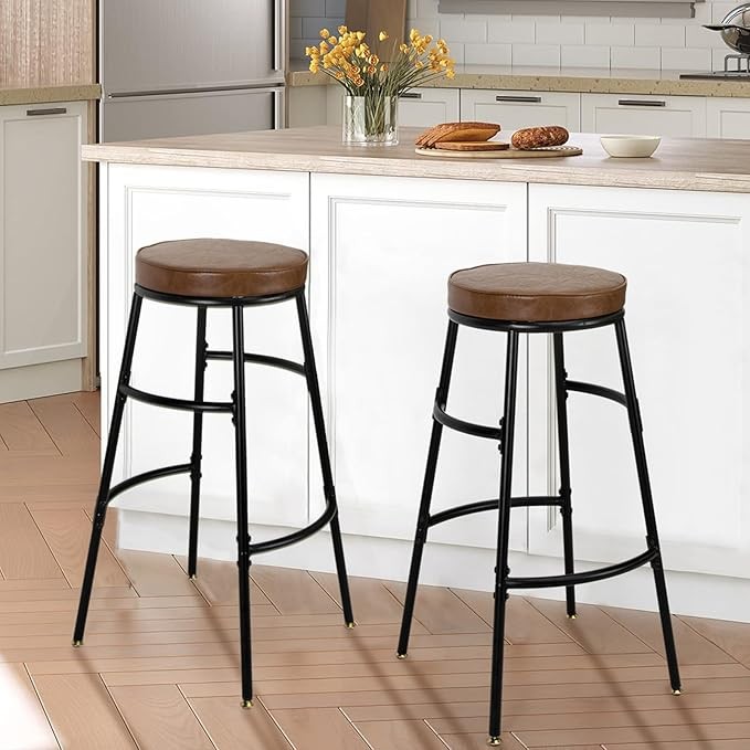 Set of 2 PU Leather Bar Stools Kitchen Round Bar Chairs with Footrest Adjustable gallery