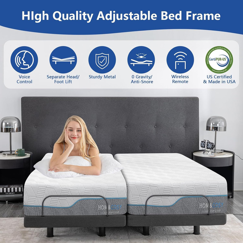 Adjustable Queen Bed Frame & 14" Gel Memory Foam Mattress with Smart Features gallery
