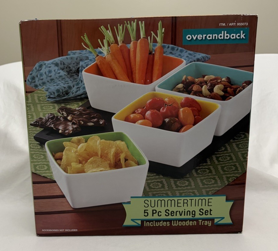 Overandback Summertime 5 Pc Serving Set Includes Wooden Tray NIB 2015