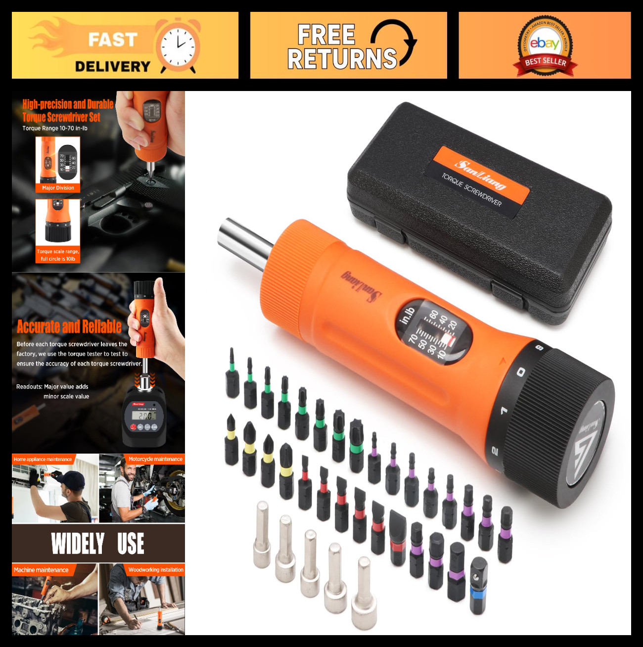 36Pcs Torque Screwdriver Set 10-70 in-lbs, 29 S2 Bits, 5 Sockets, 1/4" Adapter - gallery