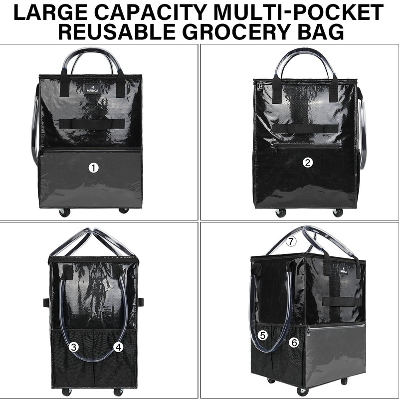 Reusable Grocery Bag On Wheels, Foldable Shopping Rolling Tote Bag with 6 Poc... gallery