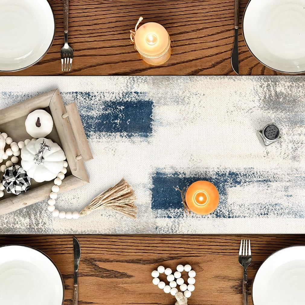 Blue and White Abstract Modern Table Runner, Art Rustic Kitchen Dining Table ... gallery