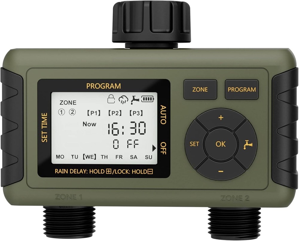 Sprinkler Timer 2 Zone Water Timer Outdoor Irrigation with Rain Delay for Garden