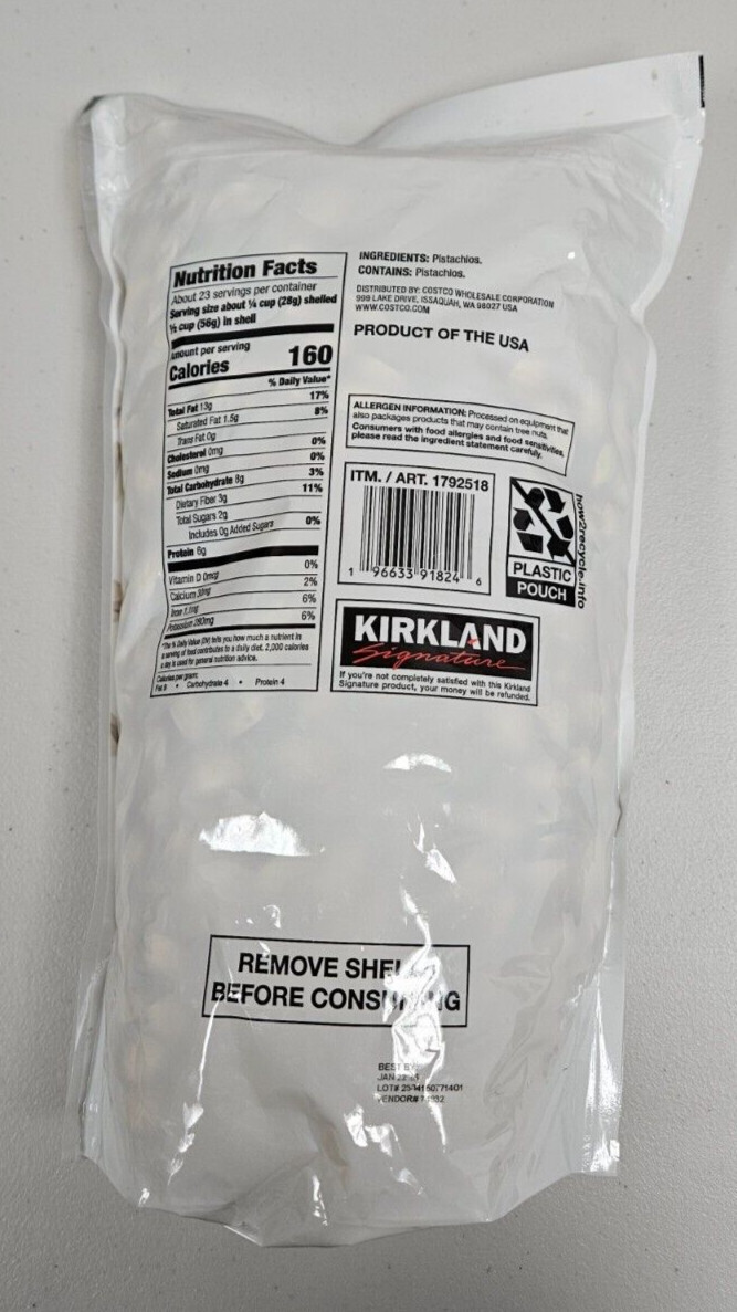 Kirkland Signature InShell Pistachios Roasted UNSALTED 3 Lbs Kosher USA Exp 1/26 gallery