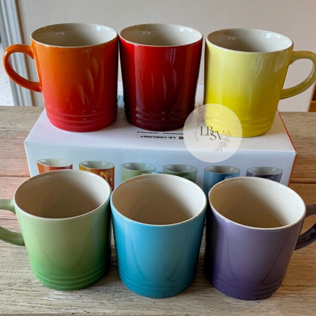 Le Creuset Stoneware Rainbow Multicolor Set of 6 12 oz London Coffee Mugs NEW gallery