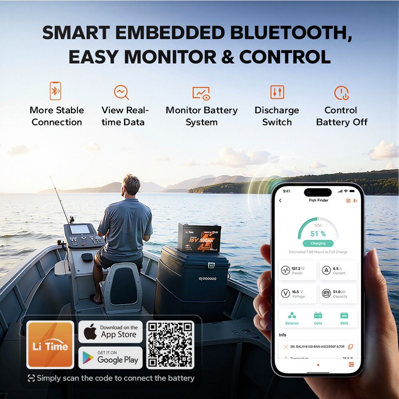 LiTime 16V 100Ah Bluetooth Self-heating Lithium Battery For Fish Finder Marine gallery