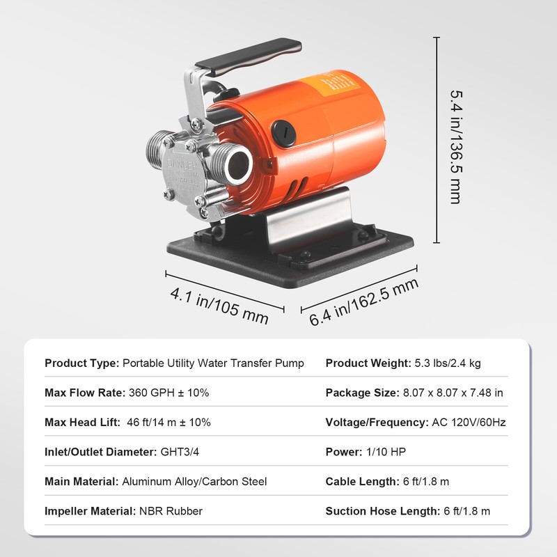 Water Transfer Removal Pump Portable Utility Pump 120V 360 GPH 1/10HP Hose gallery