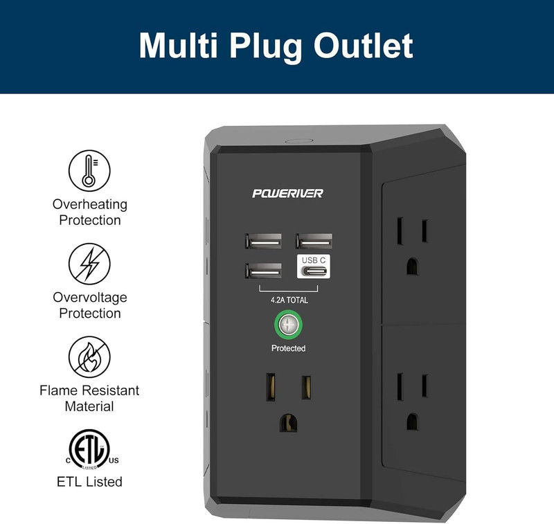 Multi Plug Surge Protector with 5 Outlets & 4 USB Ports (USB‑C) – 1680J, ETL Cer gallery