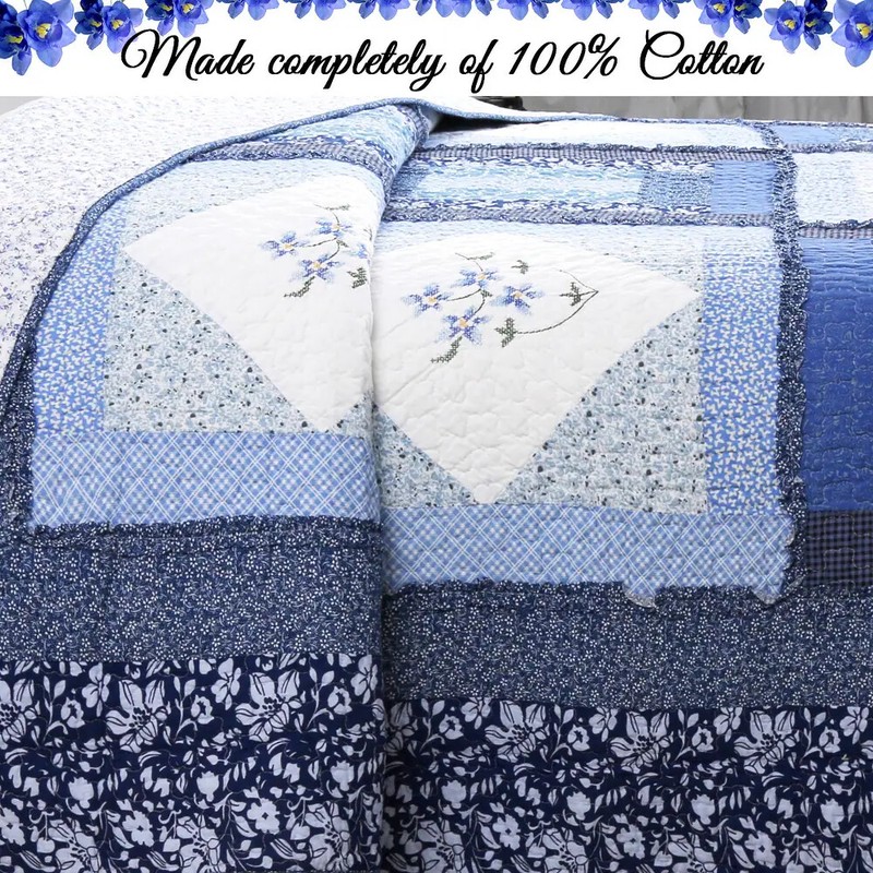 REAL PATCHWORK SHABBY CHIC COZY COTTAGE BLUE NAVY TEAL WHITE RUFFLE QUILT SET gallery