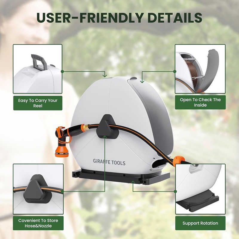 Giraffe Tools Ground Mounted Retractable Garden Hose Reel w/ 82-130FT Water Hose gallery