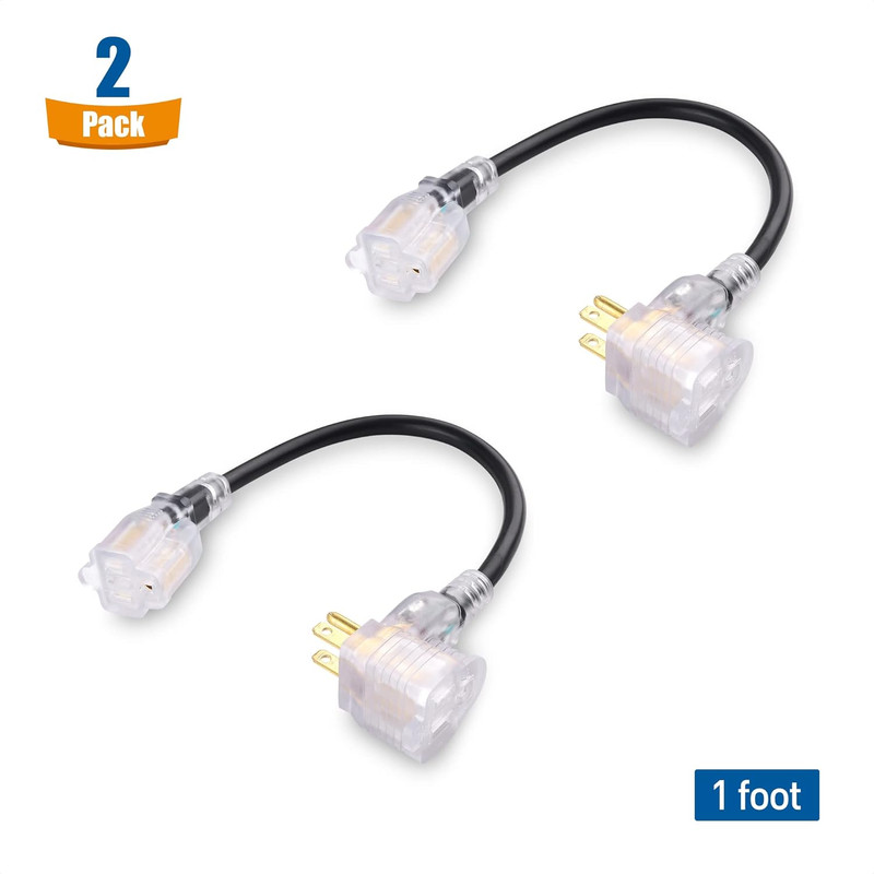 2-Pack 2 Outlet Short Extension Cord - 1Ft, 13A/1625W, Pigtail Extension Cord wi gallery