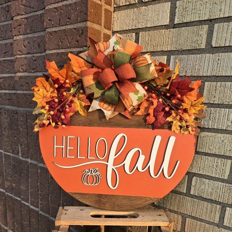 Hello Fall Door Wall Decor Autumn Leaves Bow Fall Harvest Pumpkin Sign for Home gallery