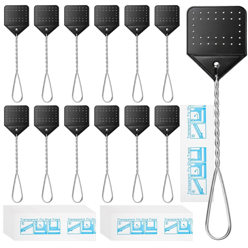 Mysora 12 Pcs Leather Fly Swatters with 20 Window Sticky Fly Glue Traps, 17''...