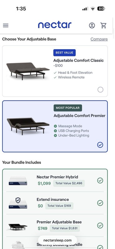 Nectar Premier Adjustable Hybrid Queen Bed Set Massage USB Remote Lighting gallery