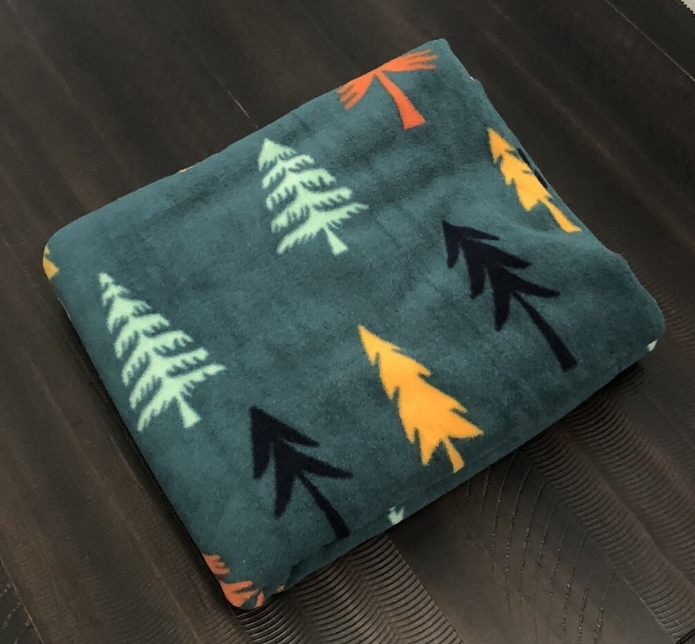 Trees on Green/Rust & Cream Plaid DoubleSide Fleece Blanket Handmade Personalize