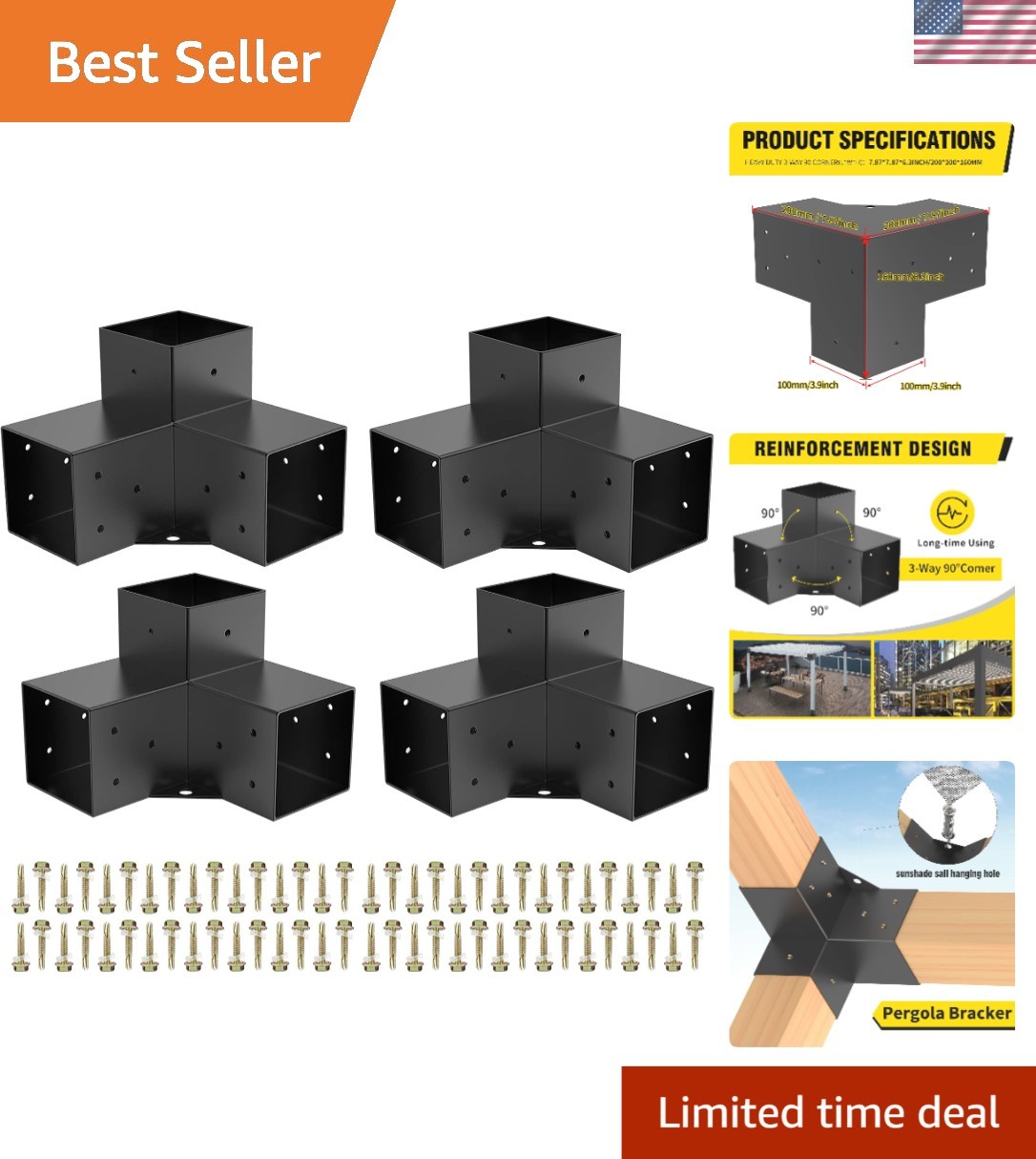 Weatherproof DIY Pergola Brackets - 3-Way Corner Mount - 4 Pack with Screws gallery