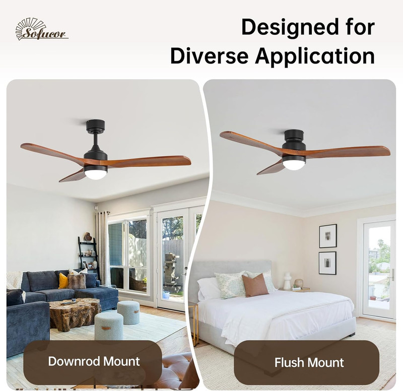 Sofucor 52" Solid Wood Ceiling Fan Lights, Flush Mount & Downrod Mount Ceiling F gallery