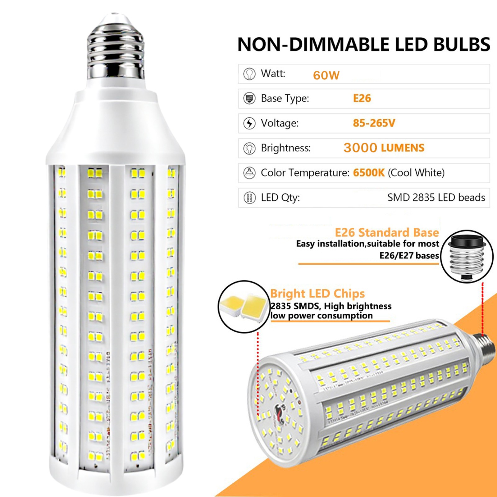 1-5PC 600W Equivalent LED Corn Light Bulb 3000 Lumen 60W 6000K Daylight E26/E27 gallery