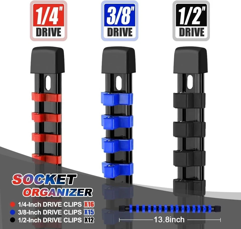 3-Piece Socket Organizer Rail Set, Heavy Duty Socket Holder for 1/4", 3/8", 1/2" gallery