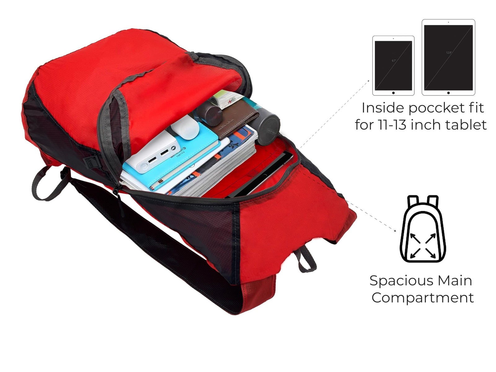 's Packable Daypack, Hiking Camping Backpack, Ditty Bag, Red/, Size 5