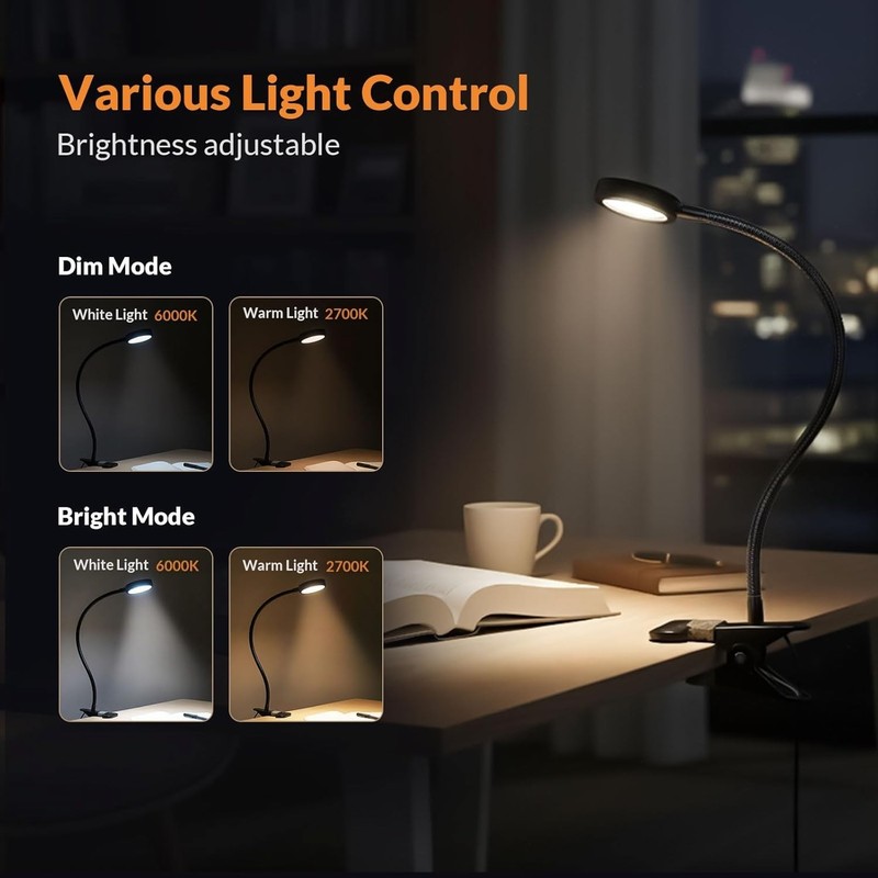 Adjustable Clip On LED Reading Light for Bed Headboard Desk & Computer Dimmable gallery