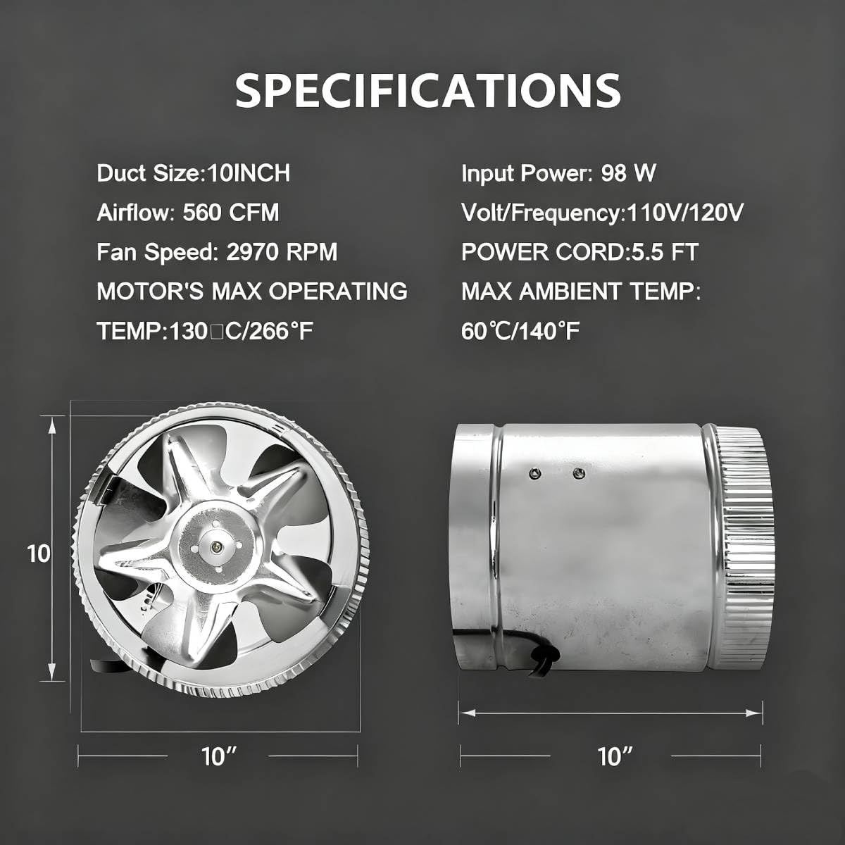 Sunstream 10 Inch 1170 Cfm Inline Booster Duct Fan Ventilation Hvac Exhaust Fan gallery