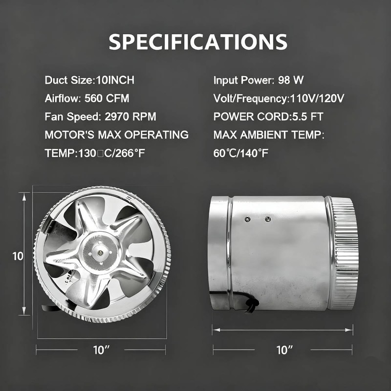 Sunstream 10 Inch 1170 Cfm Inline Booster Duct Fan Ventilation Hvac Exhaust Fan gallery