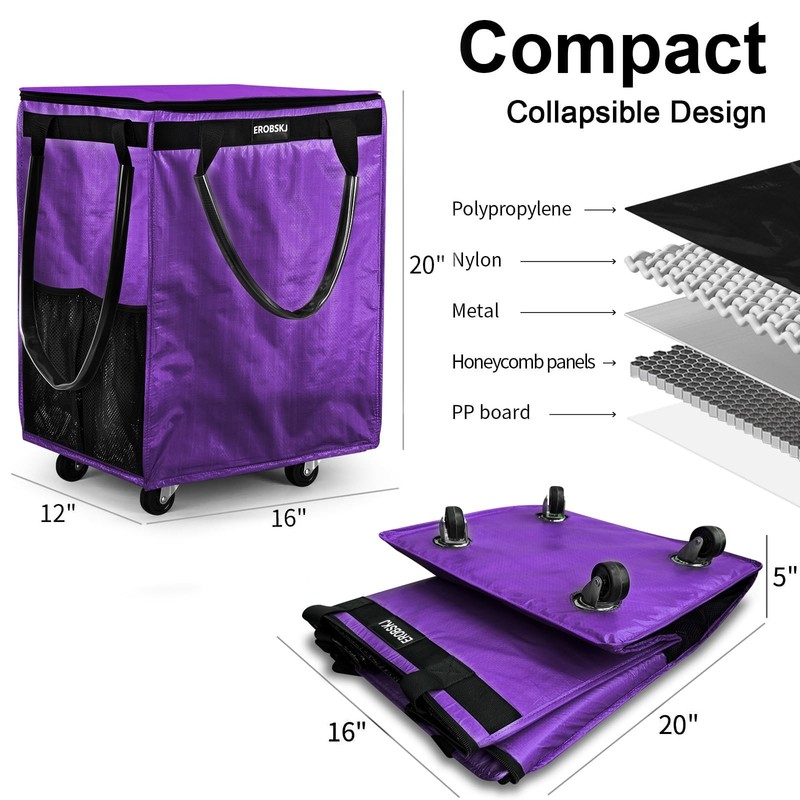 (Medium,Violet) Reusable Grocery Bag on Wheels, 70L Foldable Rolling Tote, Ex... gallery