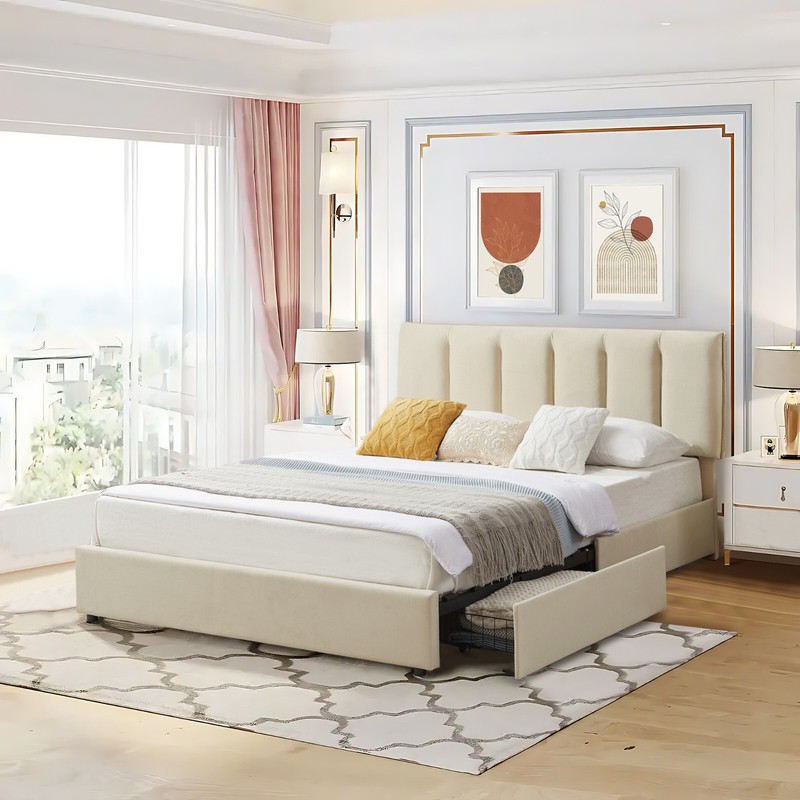 Upholstered Bed Frame with 4 Storage Drawer Queen Full Size Platform Headboard gallery