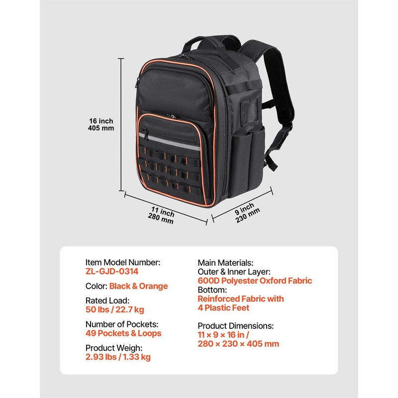 Tool Backpack 49 Pockets Tear-resistant Jobsite Backpack for Electrician gallery
