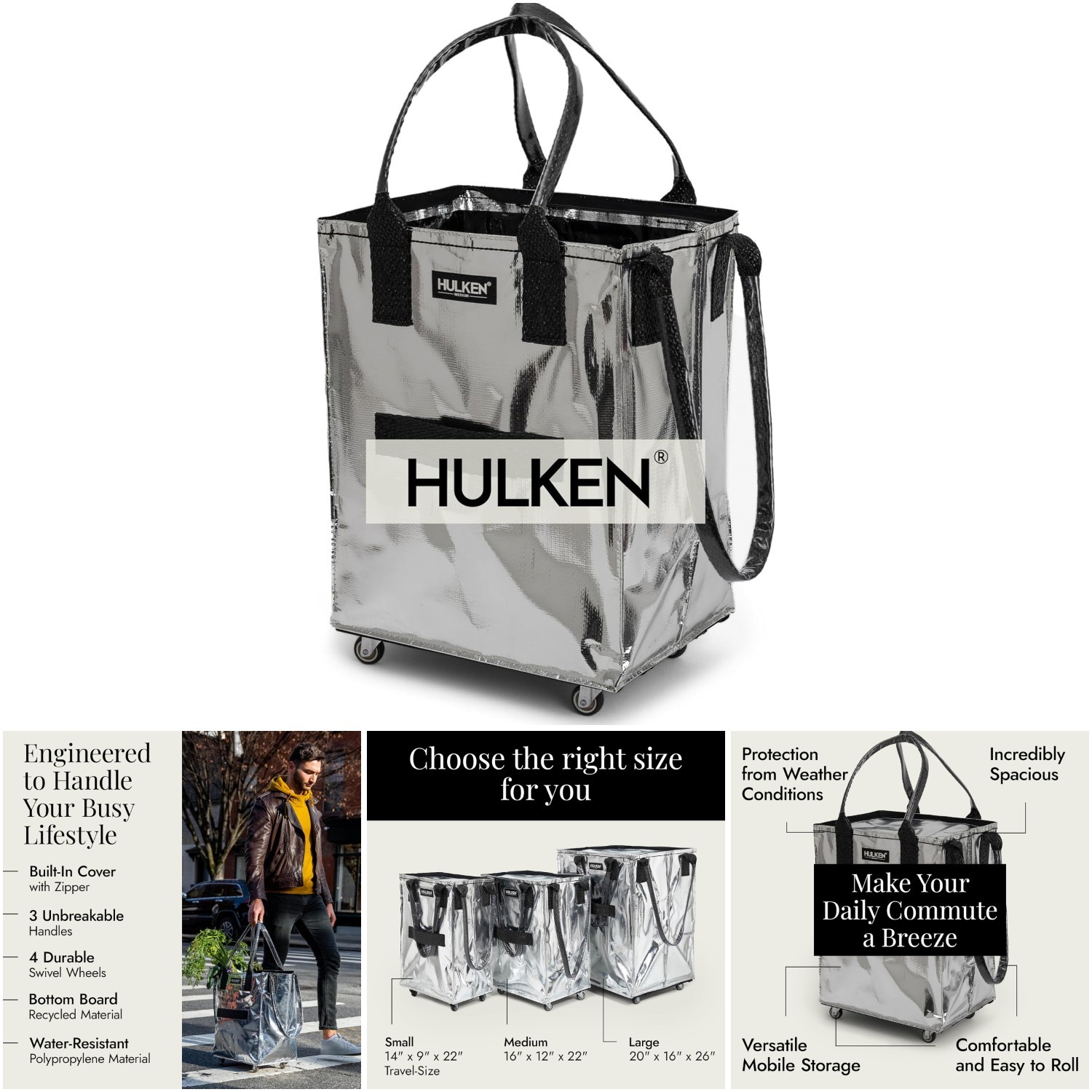 Medium Silver Reusable Grocery Bag On Wheels Zipper Closure Lightweight 66 Lb gallery