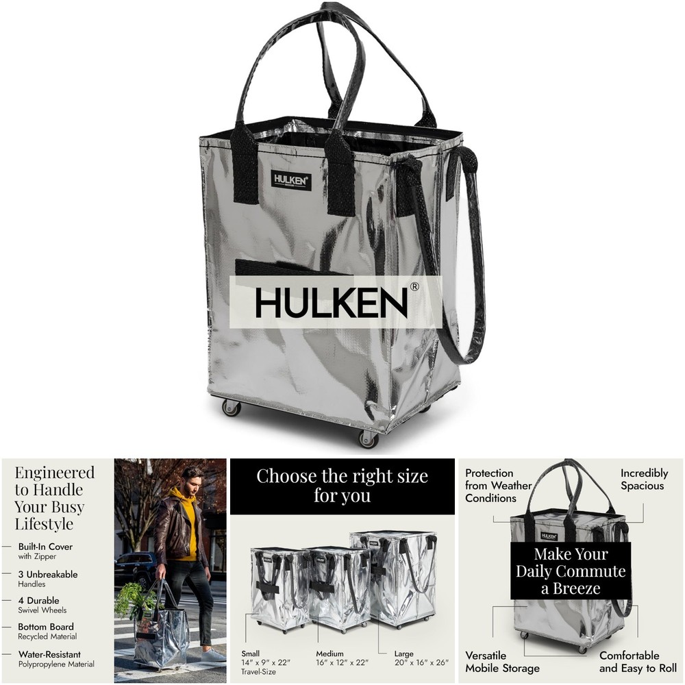 Medium Silver Reusable Grocery Bag On Wheels Zipper Closure Lightweight 66 Lb