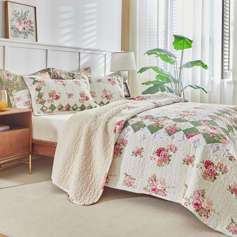 Patchwork Quilt Set King Size,3 Pieces Pink Cream Green Floral Plaid Reversib... gallery