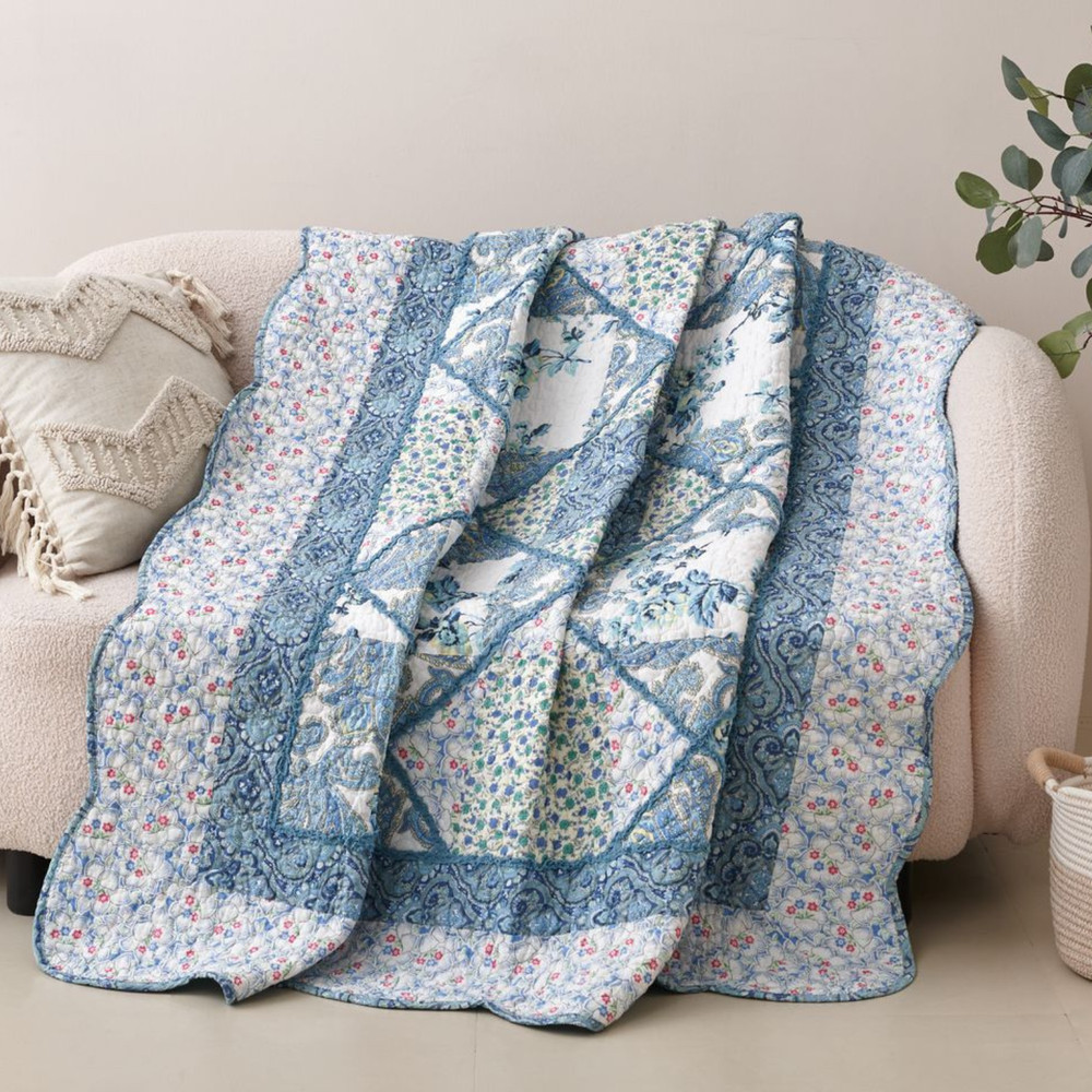 Tache Cotton Patchwork Petal Dance Blue White Floral Paisley Quilt Throw Blanket