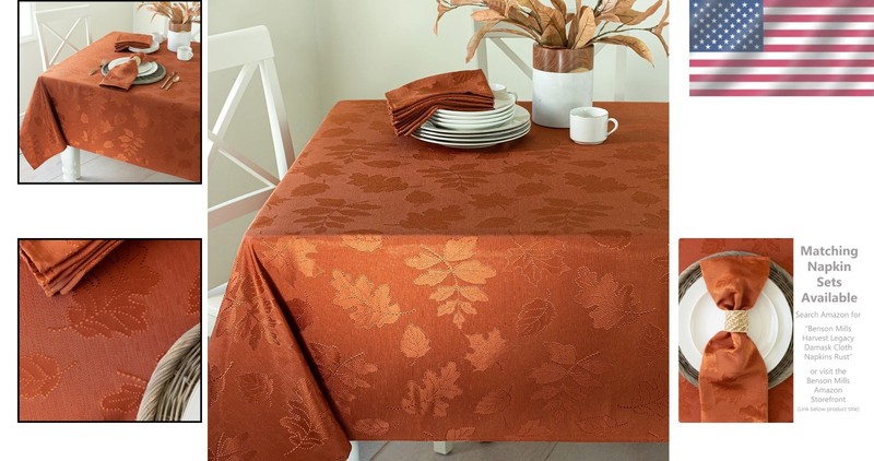 Shiny Rust Damask Fabric Tablecloth 120"x60" - Perfect for Fall Gatherings gallery