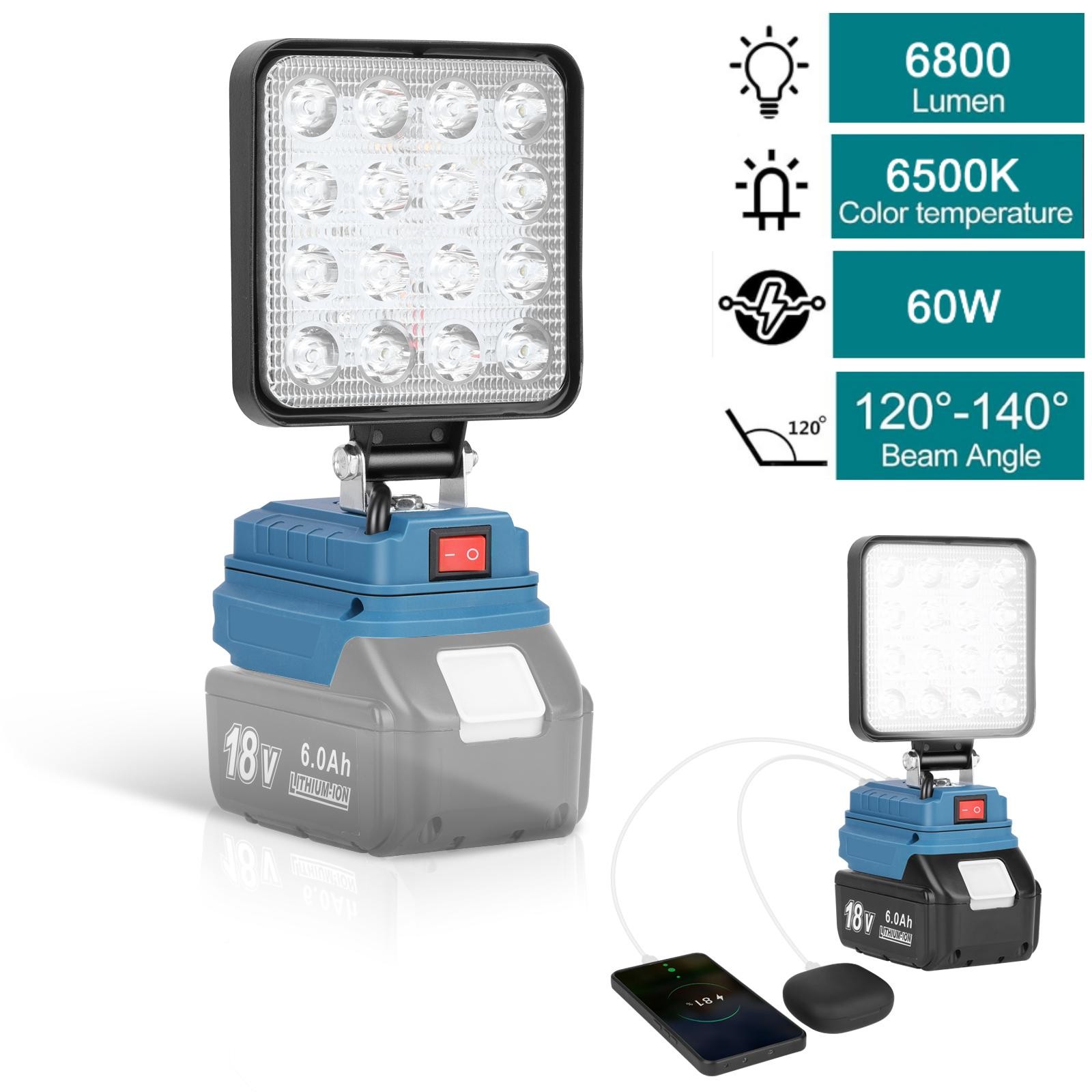 6800LM LED Work Light for Makita 18V Battery - 140° Adjustable Head, IP65, USB C gallery
