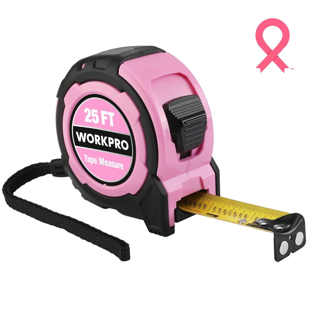 WORKPRO 25FT Pink Tape Measure 1/8Fractions Retractable Measuring Tape Belt Clip