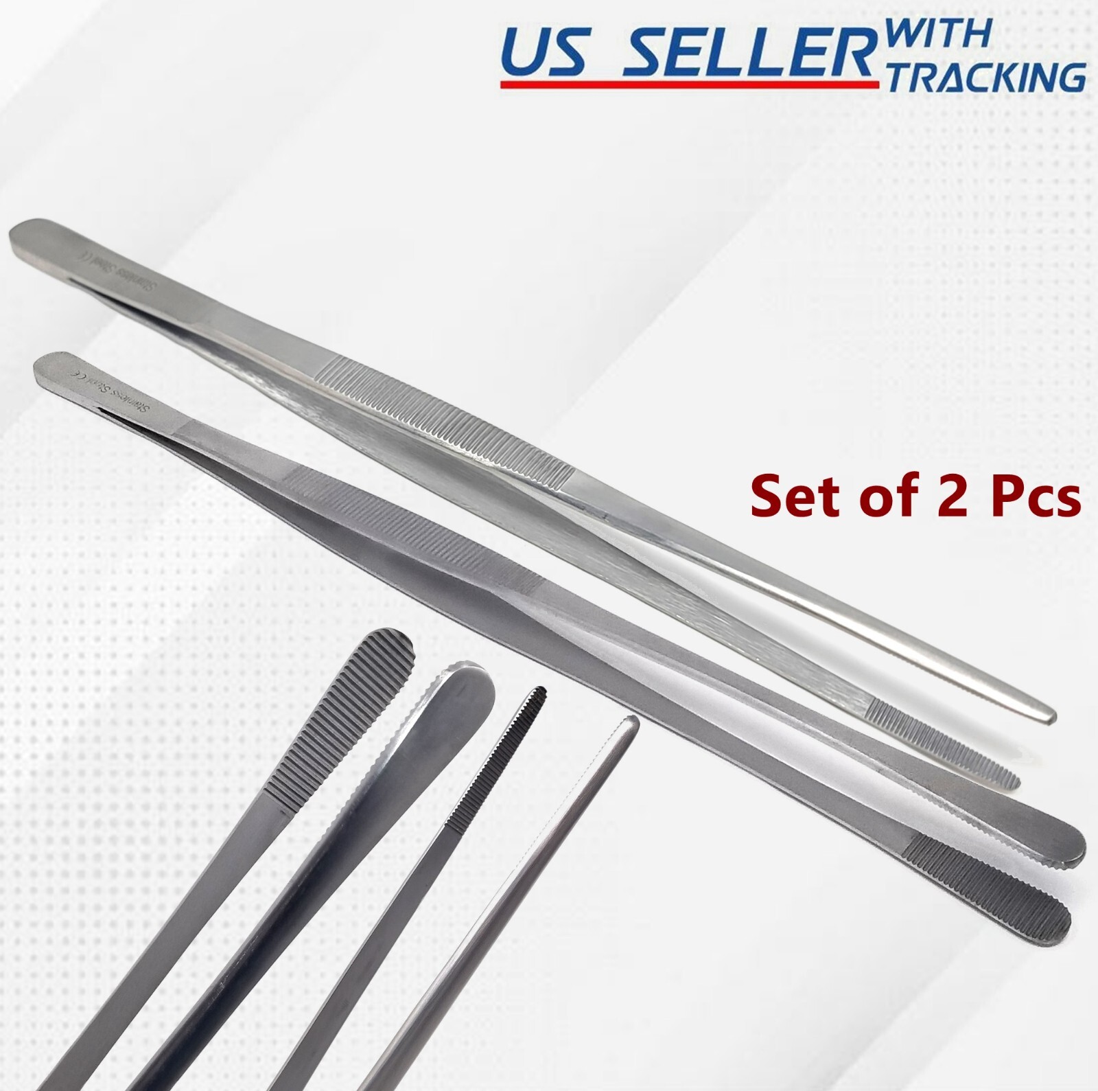 2 Pcs Kitchen Tweezer 12″ Straight & Round Set Long Food Tongs Chef DIY German G gallery