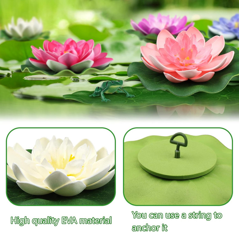 22 Pack Artificial Floating Foam Lotus Flowers with Artificial Frog Lotus Leaves gallery