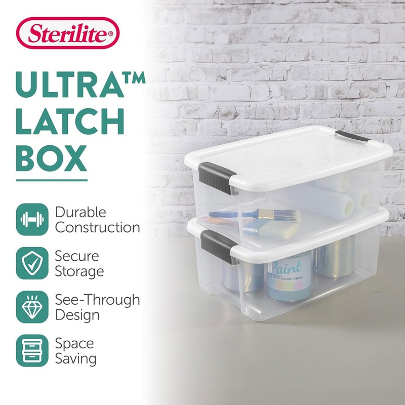Sterilite 18 Qt Clear Plastic Stackable Storage Bin w/ White Latch Lid, (6 Pack) gallery