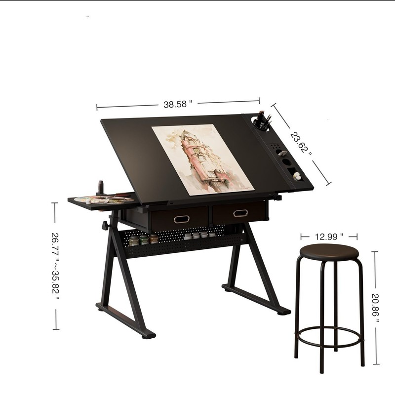 Adjustable Drawing Drafting Table Desk w/2 Drawers and 0-75° Tilting MDF Top gallery